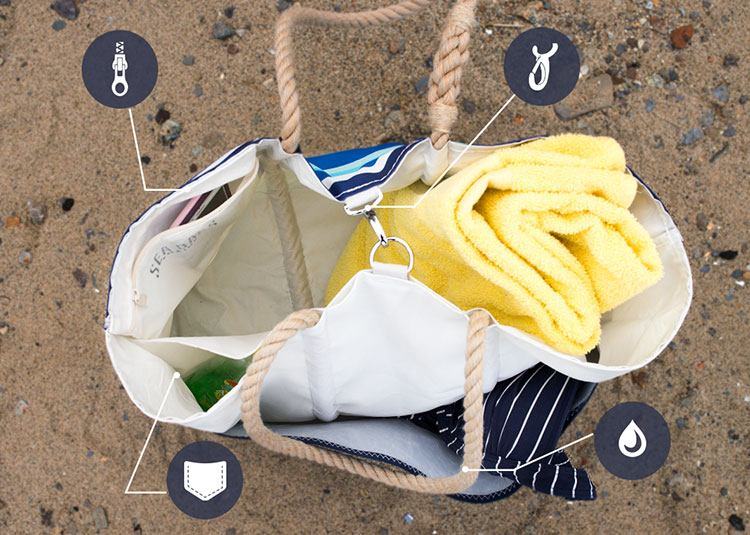 Overhead image of Ogunquit Beach Tote with beach accessories inside