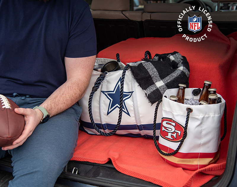 Man Tailgating with NFL Tote and Bucket Bag