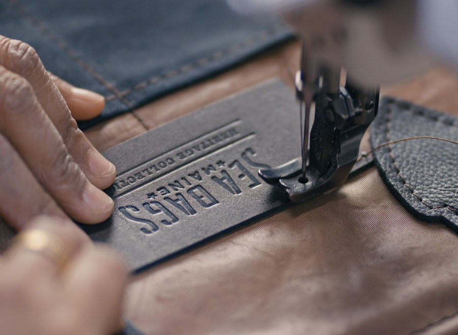 Heritage Tanbark Market Tote being hand-stiched