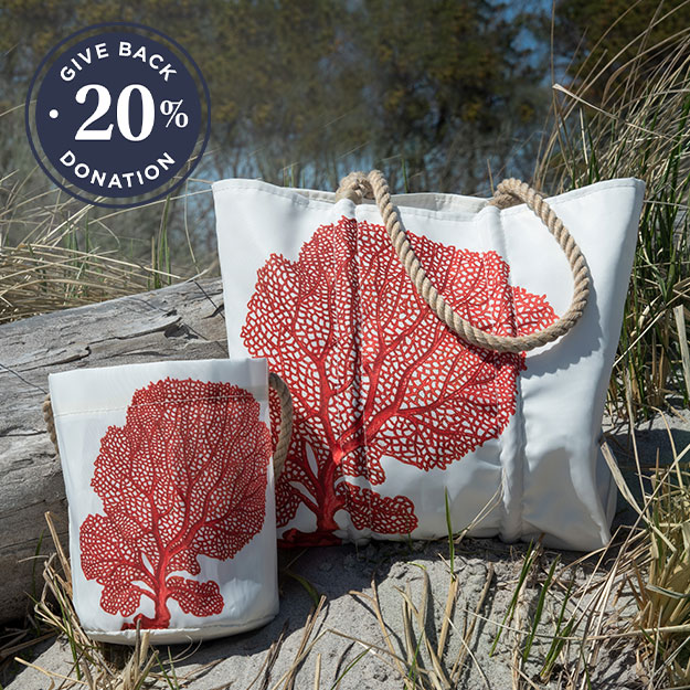 Coral Tote and Bucket Bag on a log - 20% Donation