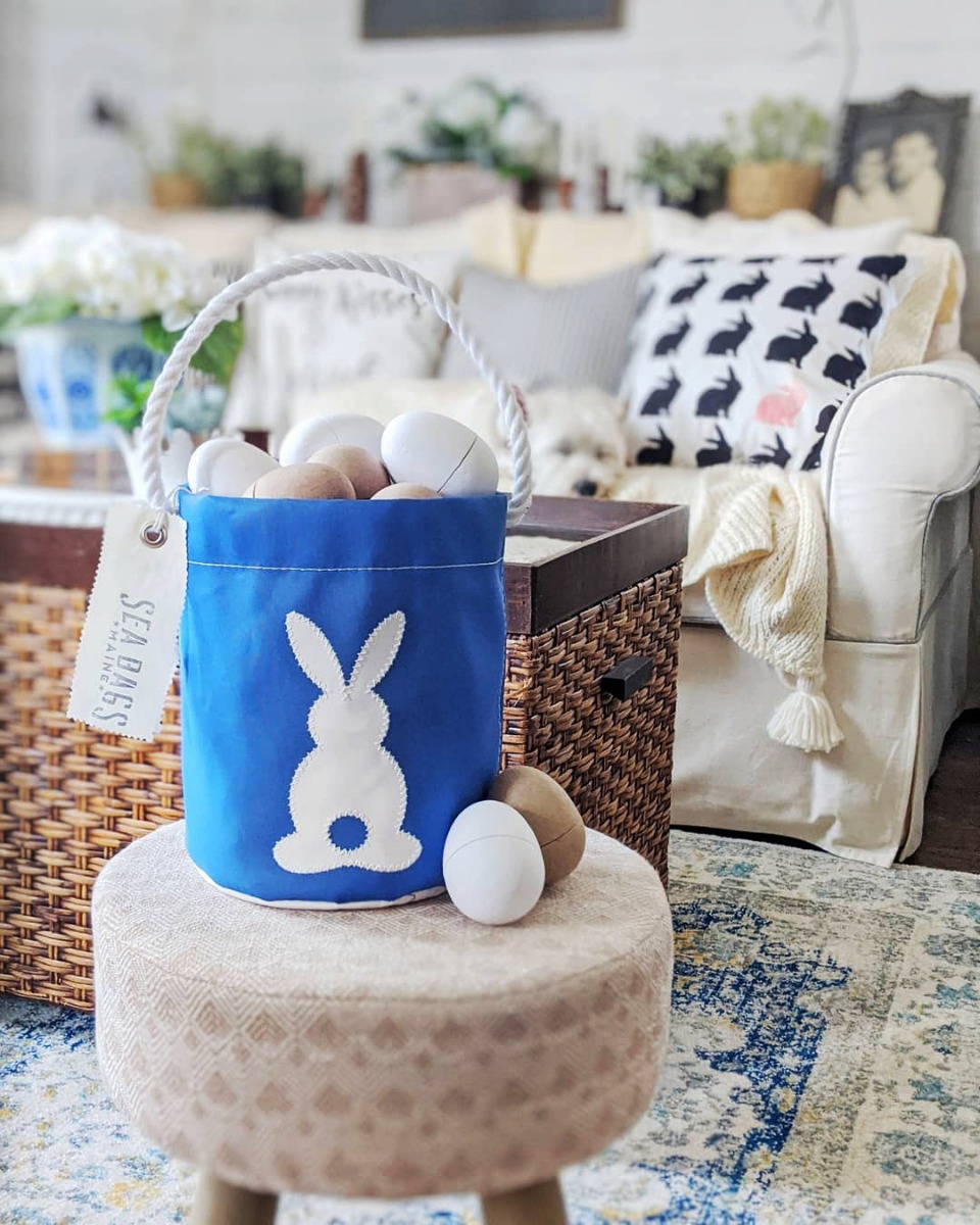 recycled sail cloth easter bucket with cardboard eggs