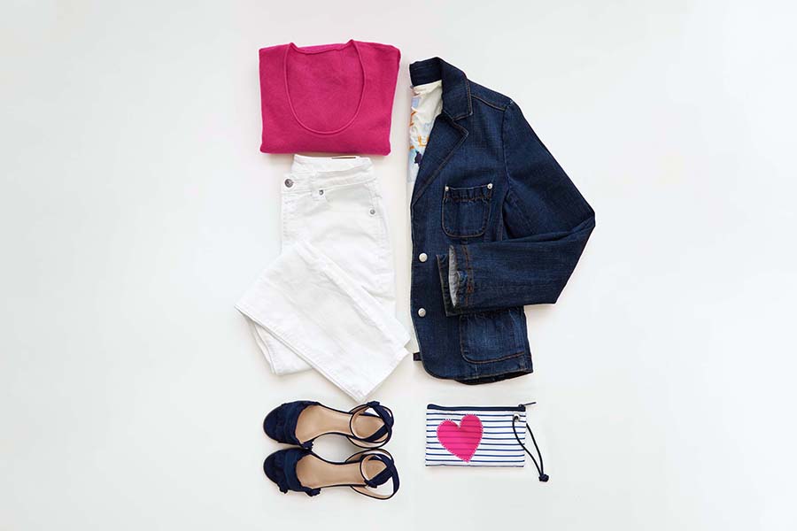 Pink Heart Sea Bags paired with pink sweater, denim blazer, white jeans, and some navy ruffled heels