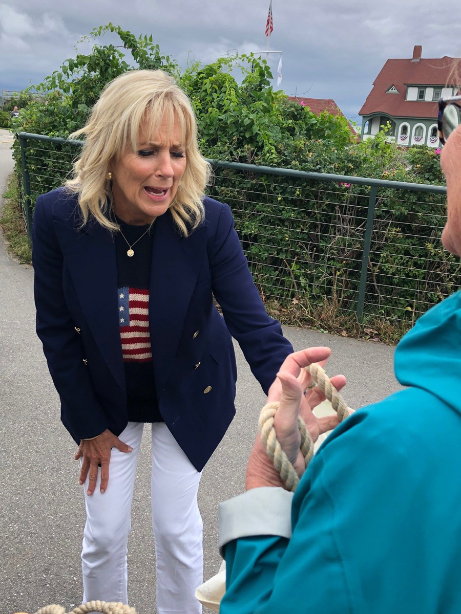 First Lady Jill Biden reacting to Custom Sea Bags being gifted from Chellie Pingree