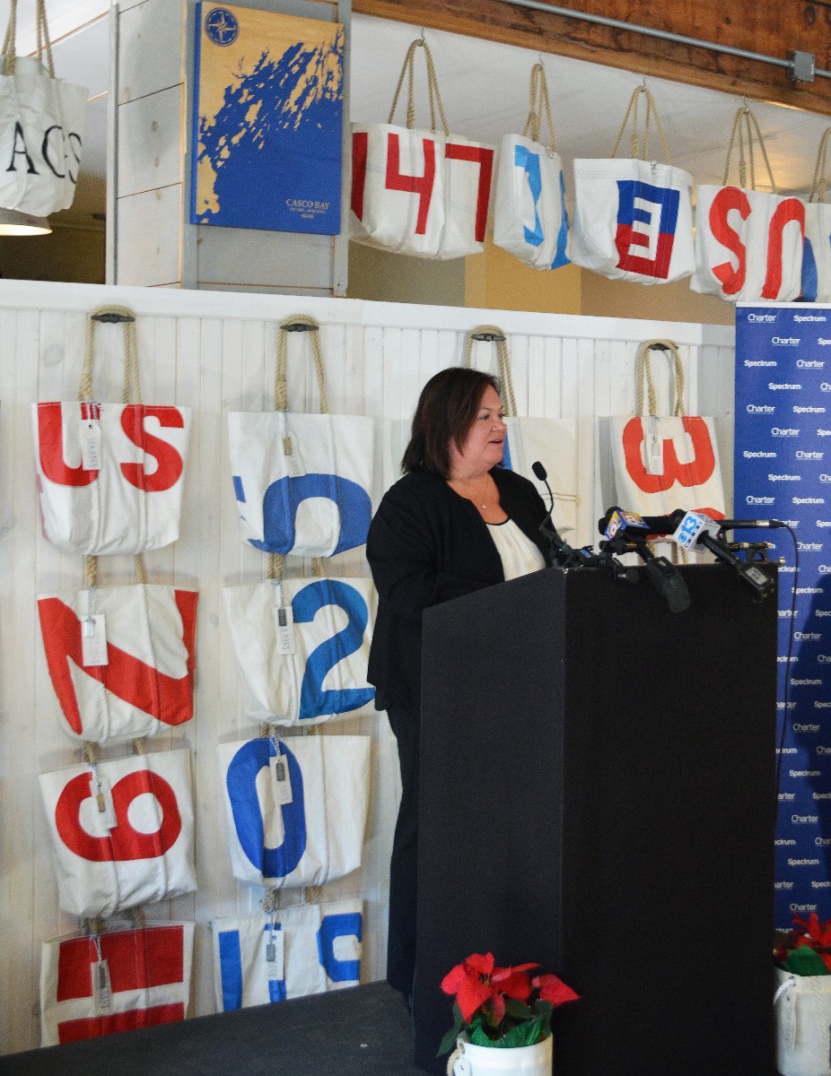 Sea Bags' President Beth Shissler speaks at the press conference