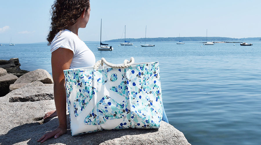 Sea Glass Tote with model on dock
