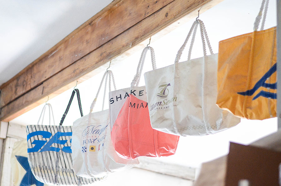 Vintage Sea Bags hanging from rafters