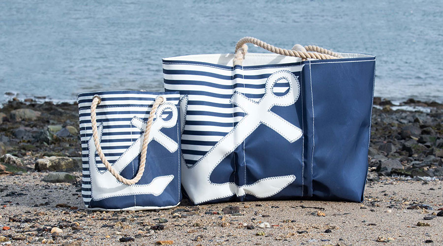 Breton Stripe Anchor Tote and Bucket on a beach