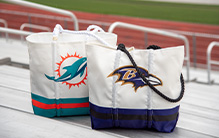 NFL Miami Dolphins and Baltimore Ravens Tote Bags on stadium steps