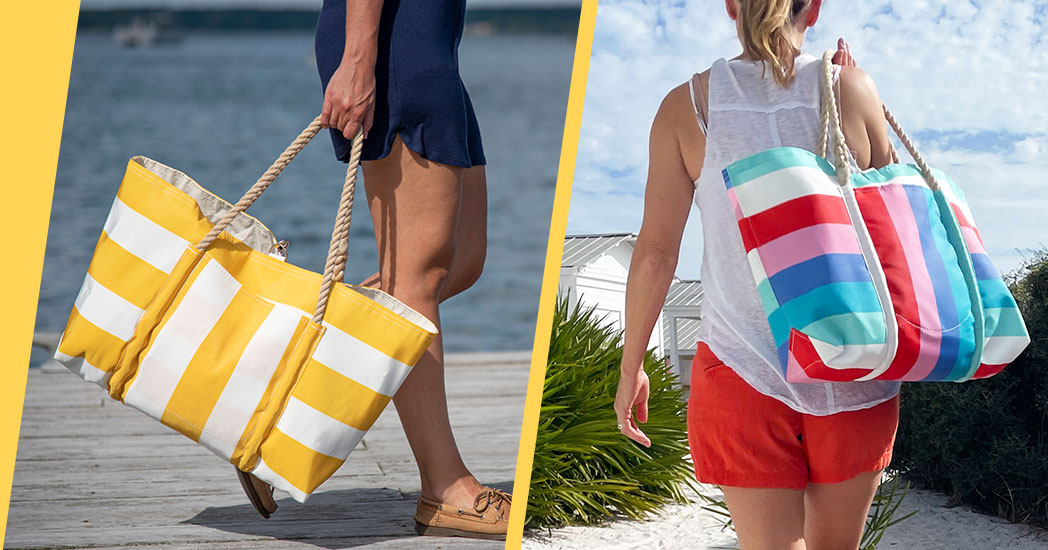 Models wearing Yellow and Bayside Pier Totes along the coastline