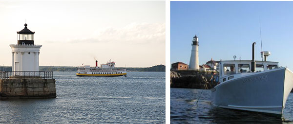 a short white lighthouse sits on its rocky base in the ocean while a white and yellow ferry boat chugs by behind it