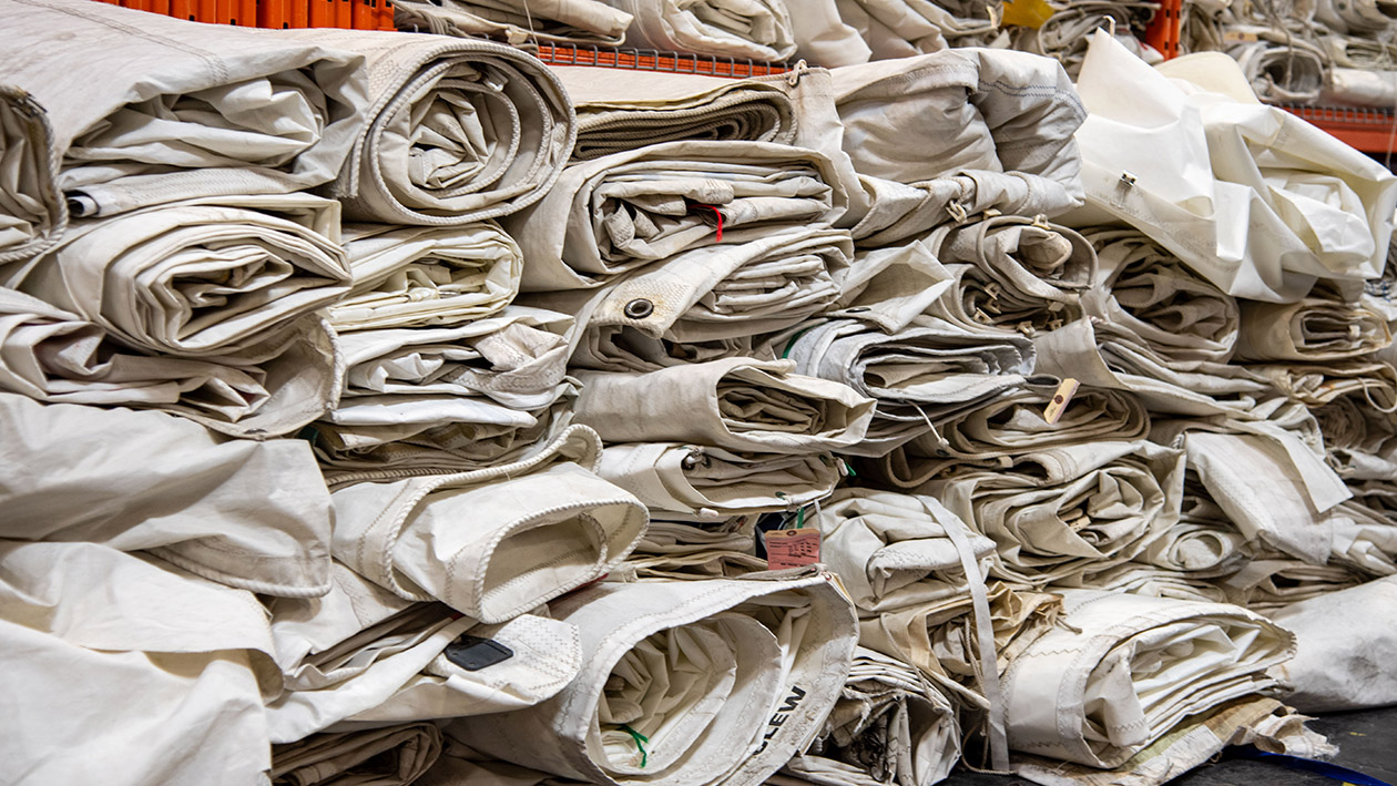 Stack of recycled sails at the Sea Bags warehouse