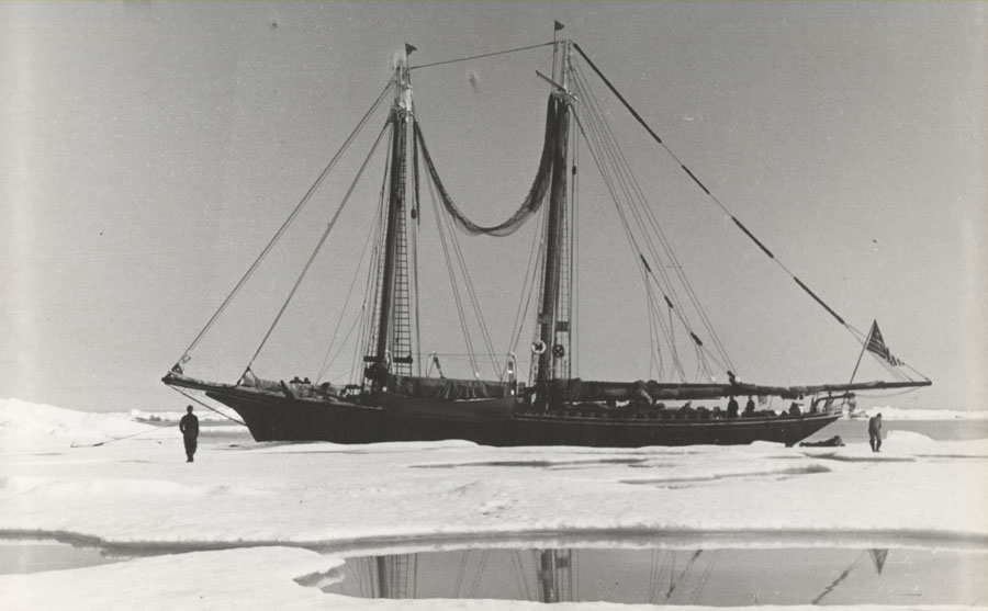 Black-and-white photo of the Ernestina-Morrissey in the arctic