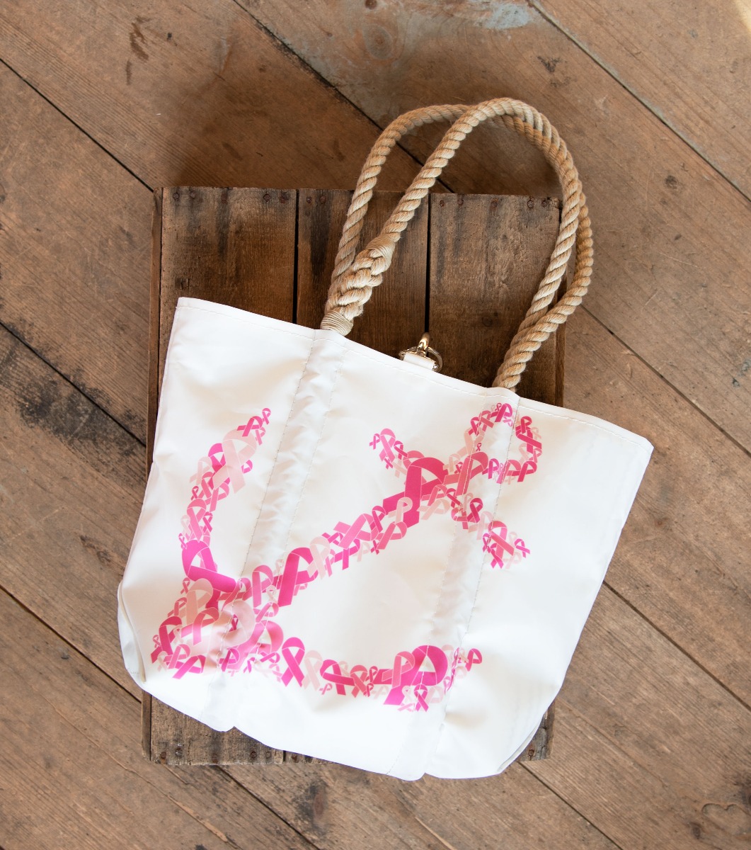 Recycled sail cloth bag with anchor made of breast cancer ribbons