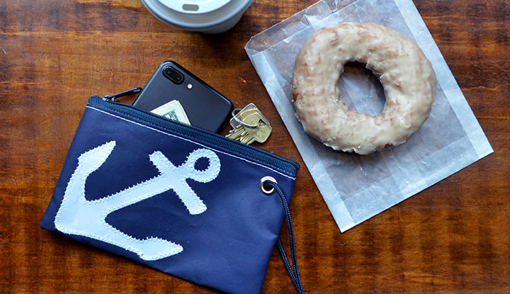 Navy Anchor Wristlet at a coffee shop