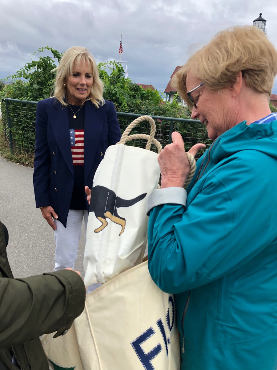 Jill Biden being presented with Sea Bags from Congresswoman Chellie Pingree