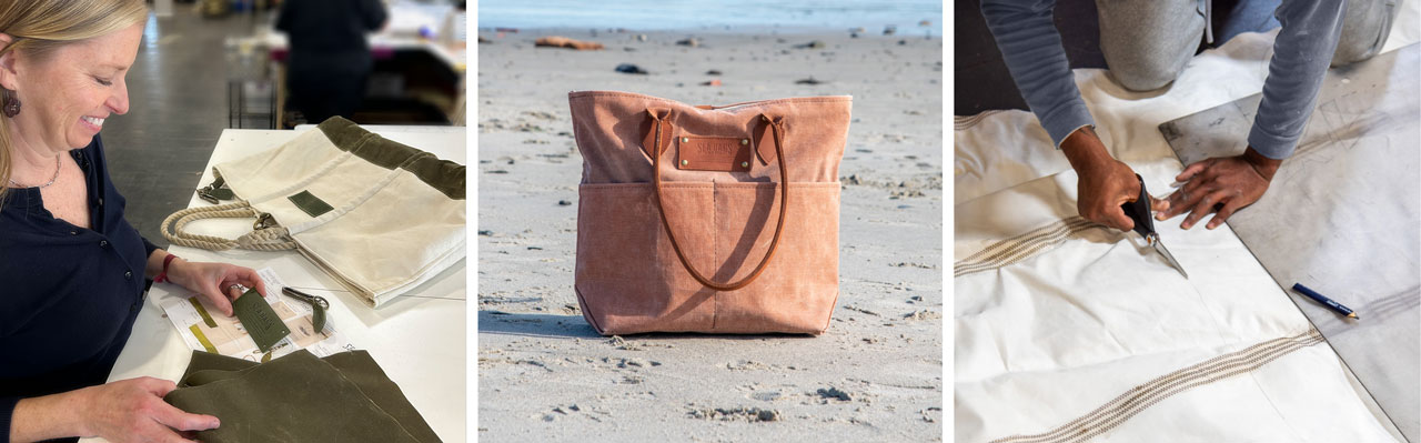 Photos of heritage totes with models and sail panel being cut