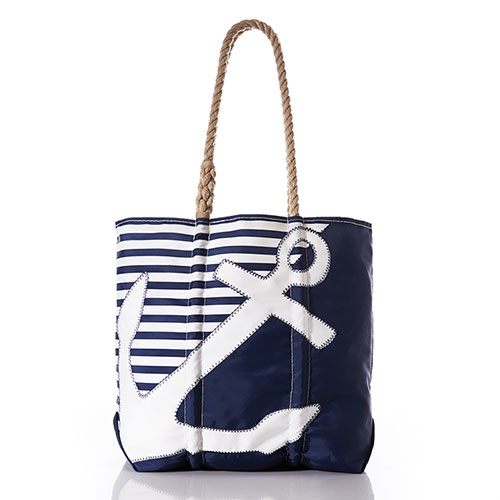 Breton Stripe White Anchor Medium Tote