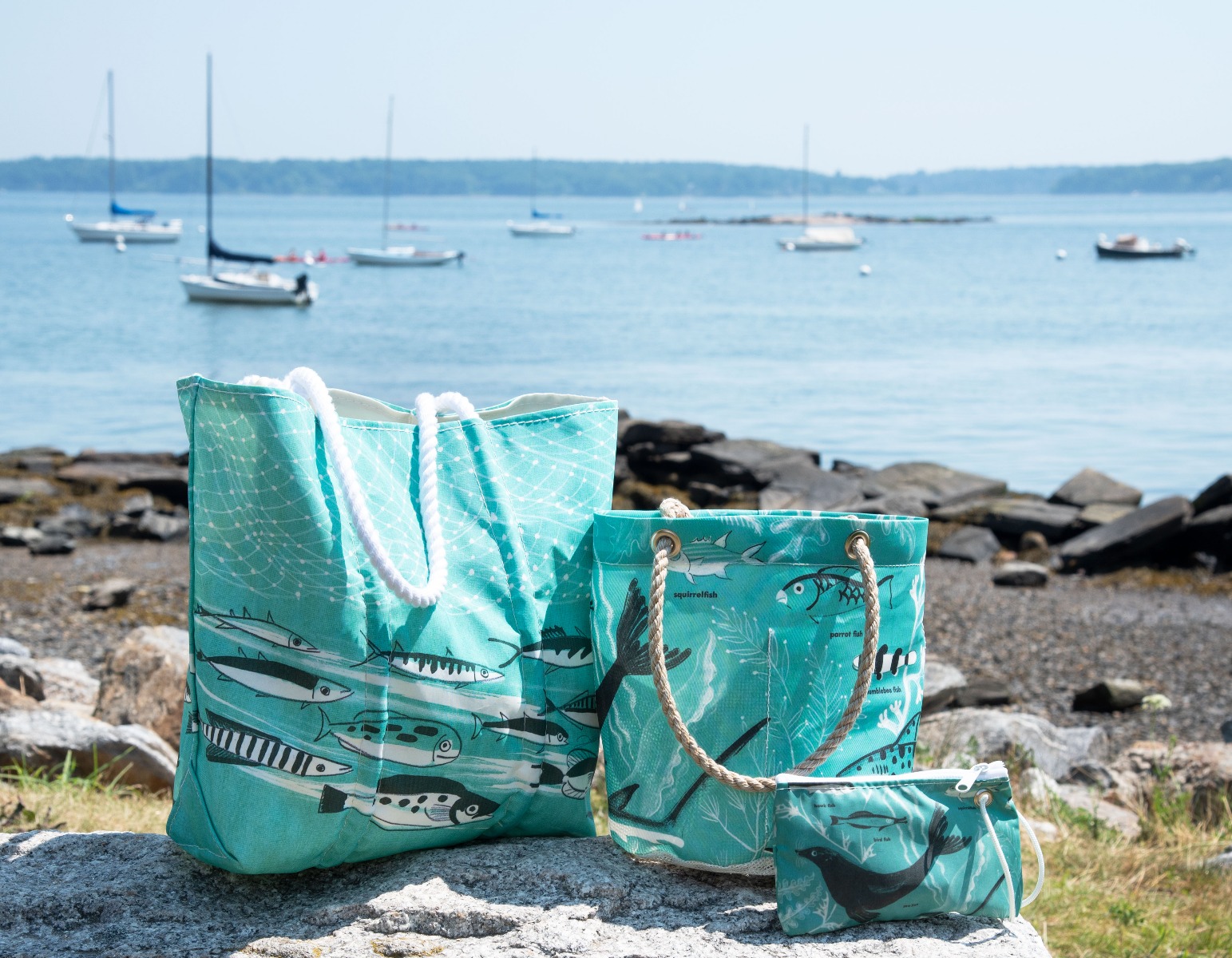 Sea Bags' recycled sail cloth totes and accessories featuring Dahlov Ipcar's illustrations