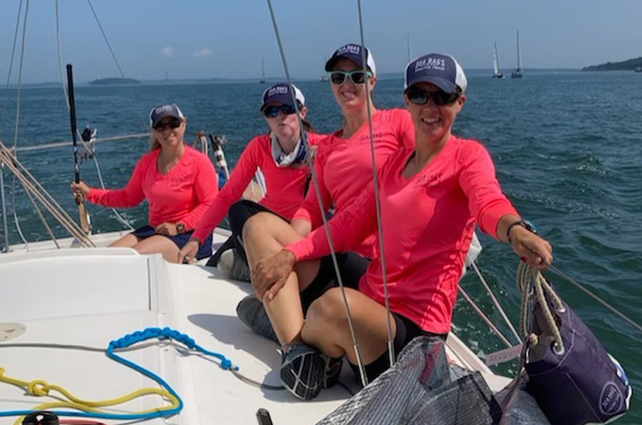 The Sea bags sailing team sporting their pink uniform
