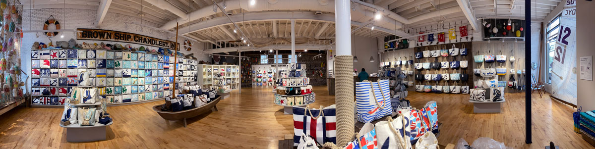 Panoramic photo of Sea Bags largest retail store in Portland, Maine