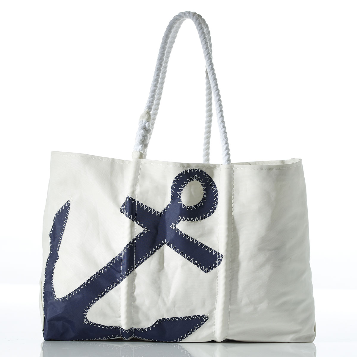 navy anchor applique on a white recycled sail cloth with rope handles