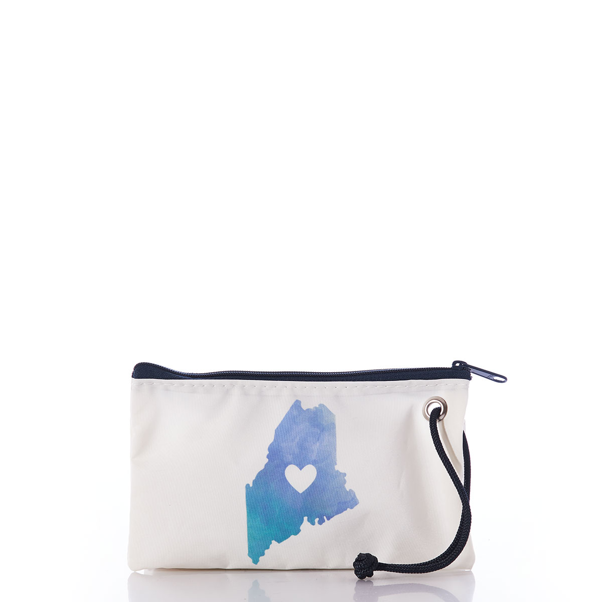blue and green watercolor style print in the shape of the state of Maine on white sail cloth wristlet with a heart shape of white in the middle