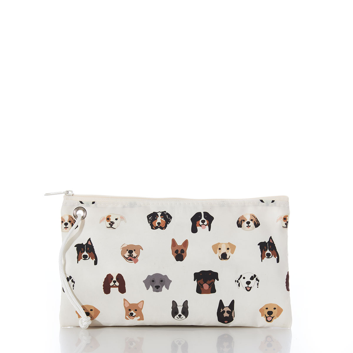 other side of pictures of a variety of popular puppies printed on white recycled sail cloth large wristlet with a white zipper and white cord handle.