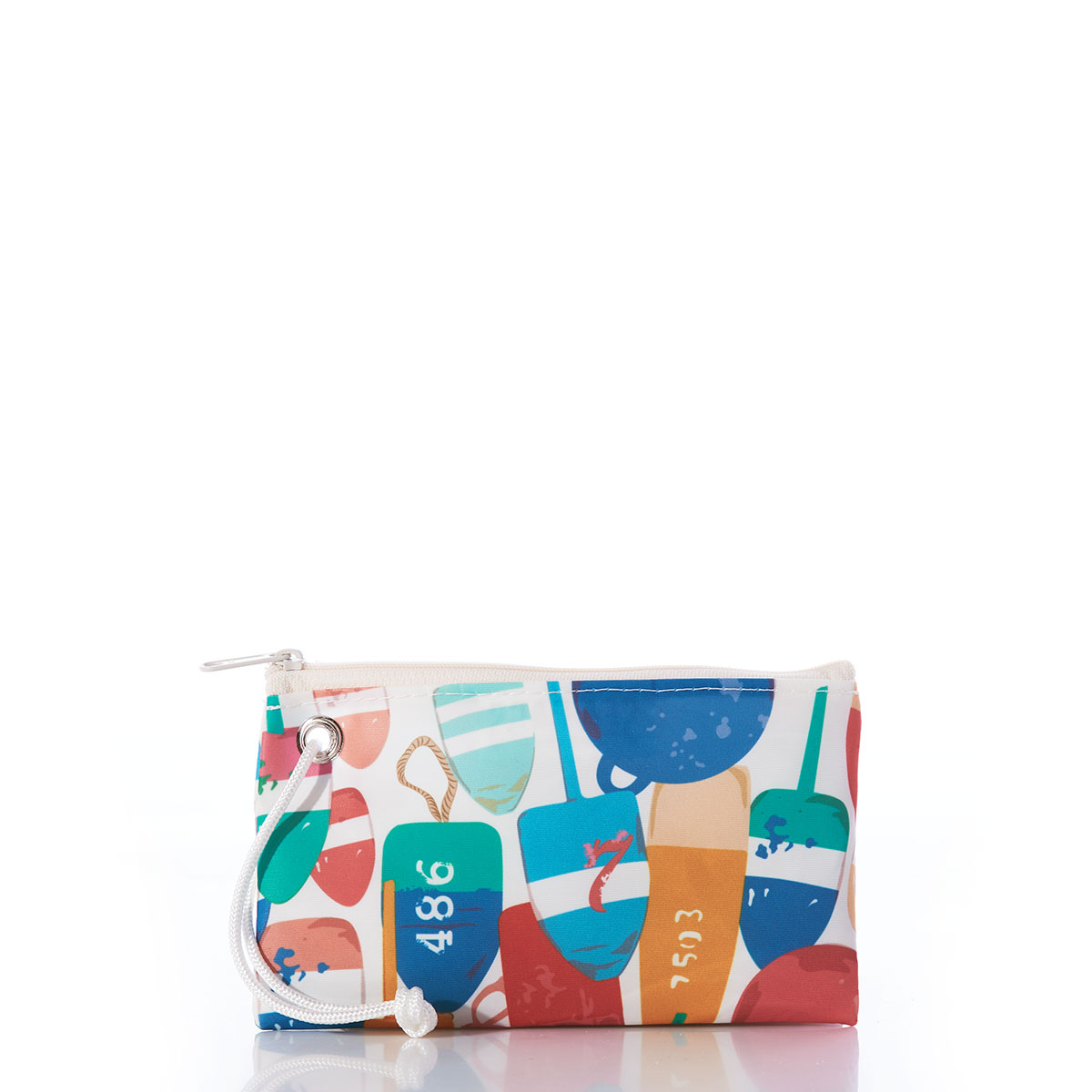 an assortment of colorful buoys line the outside of a recycled sail cloth wristlet with a white zipper