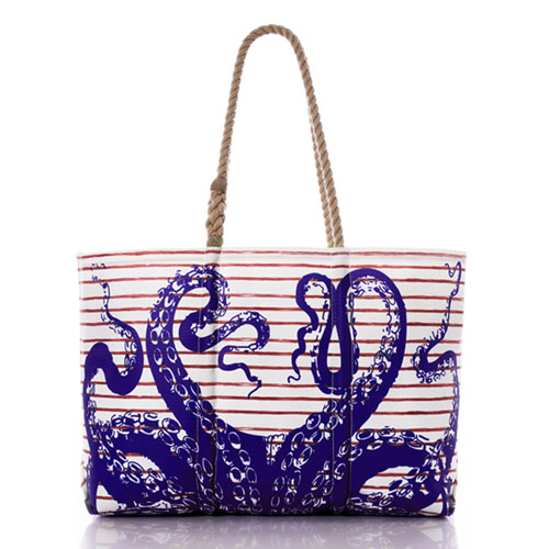 Blue Octopus on Red Mariner Stripe Large Tote