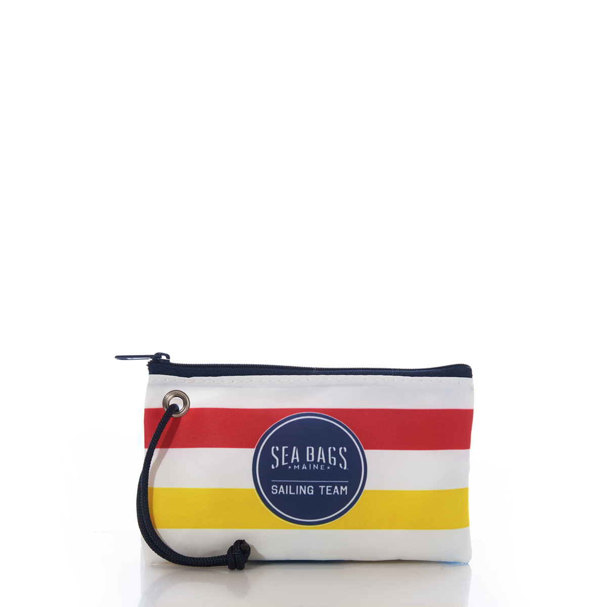 a recycled sail cloth wristlet is printed with bold yellow and red stripes and the sea bags womens sailing team circle logo