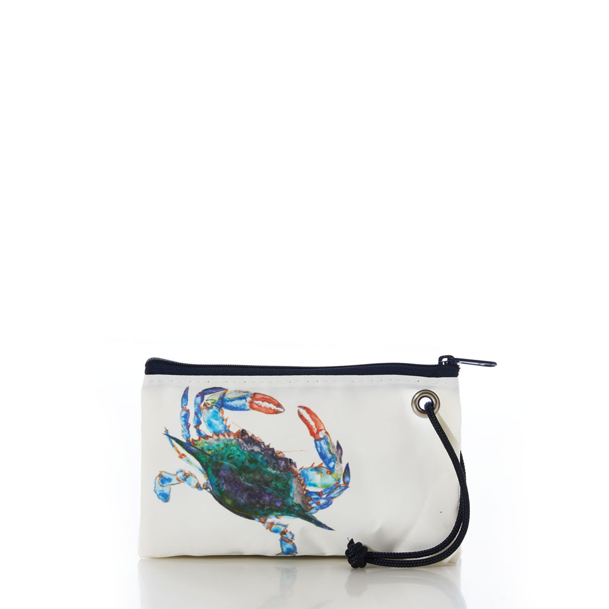 a recycled sail cloth wristlet with a navy zipper and navy rope wrist strap is printed with a multicolor crab