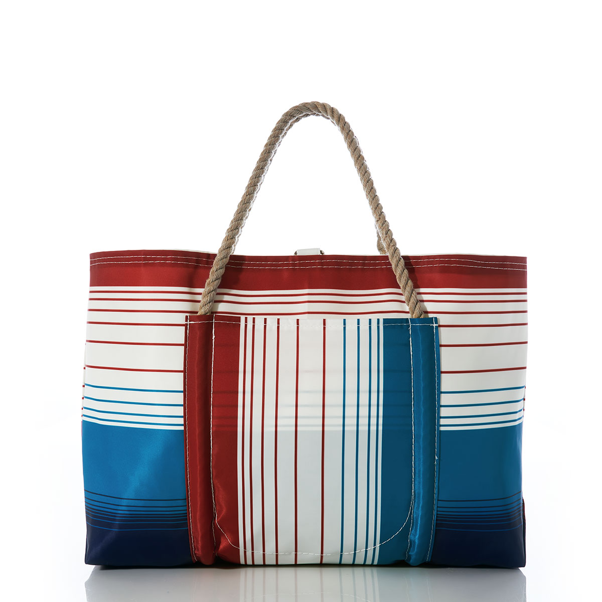 back view of patriotic plaid stripes in red white and blue printed on recycled sail cloth large pier tote with hemp rope handles