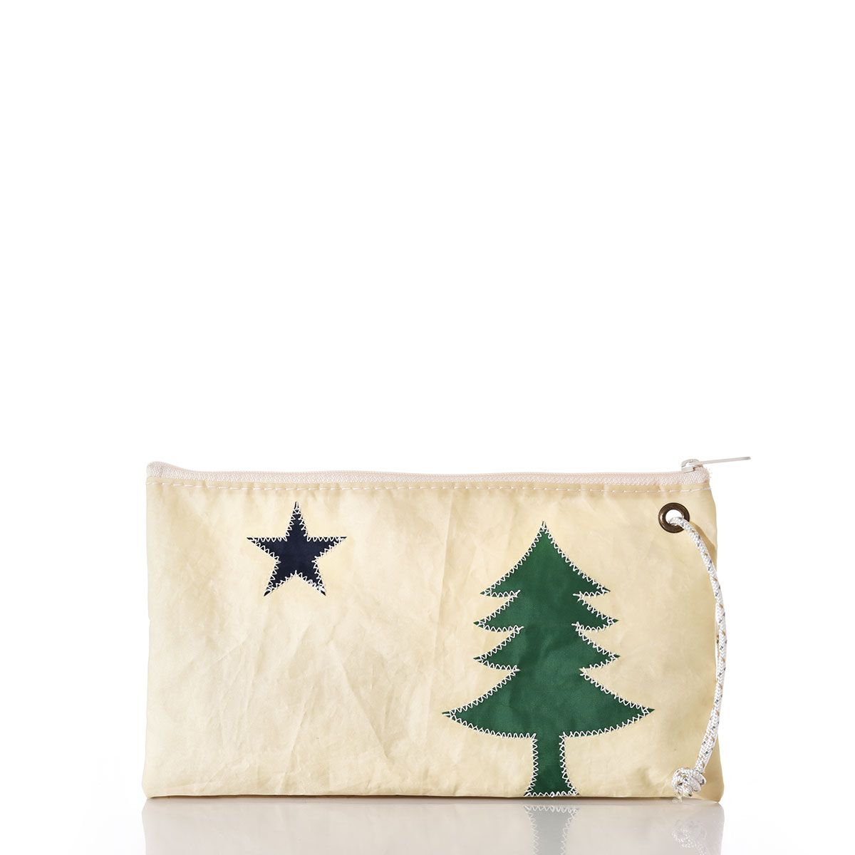 recycled sail cloth large wristlet featuring a navy star and green pine tree from Maine's original state flag, with hemp rope handles