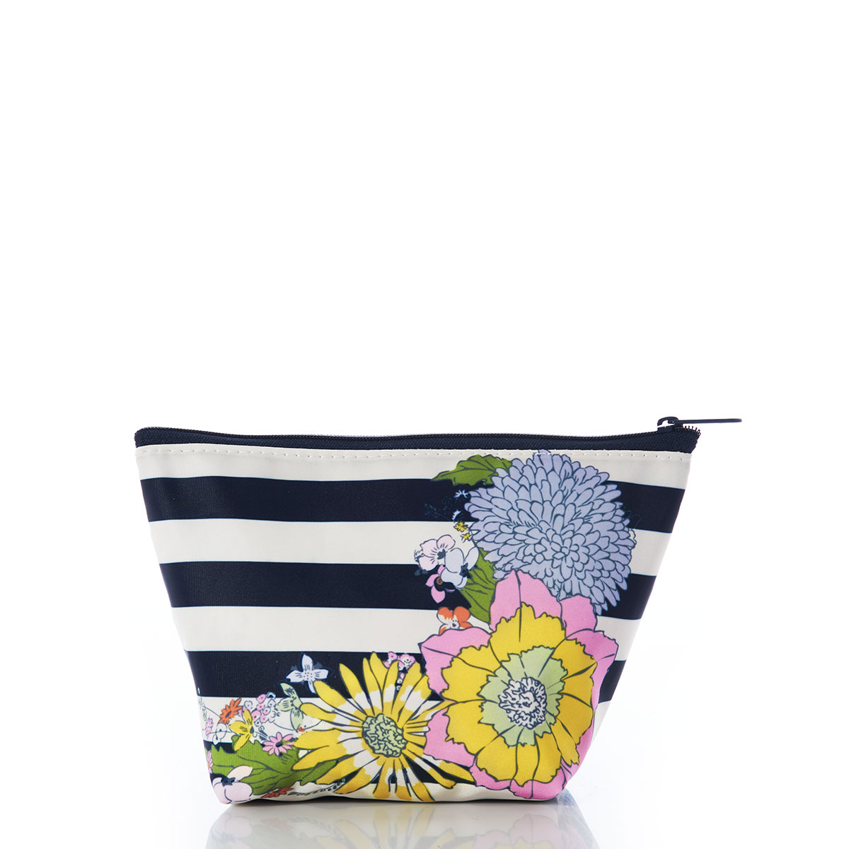 bold navy and white stripes recycled sail cloth cosmetic pouch embellished with flowers in the bottom right corner