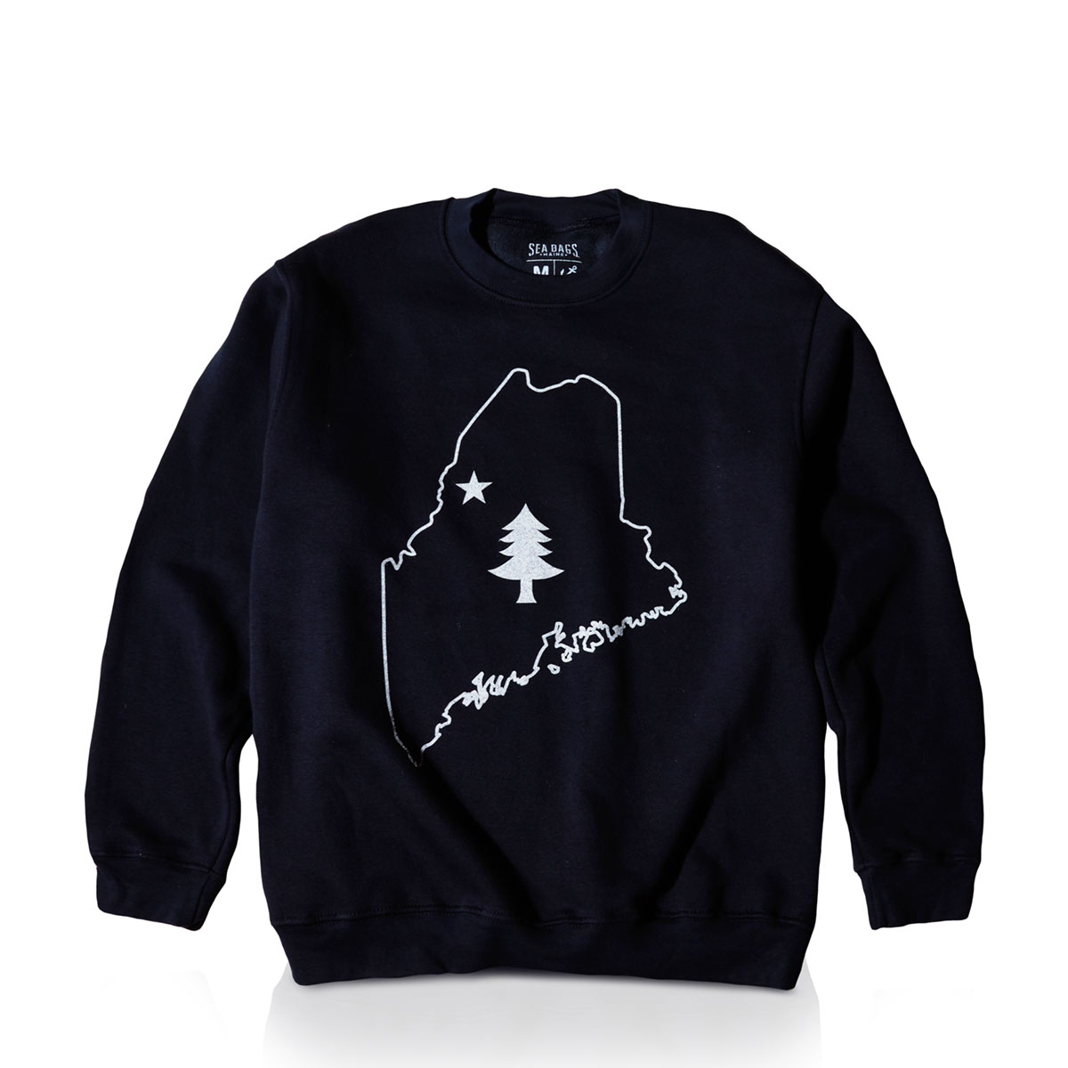 a navy sweatshirt with white state of maine outline with tree and star print on front