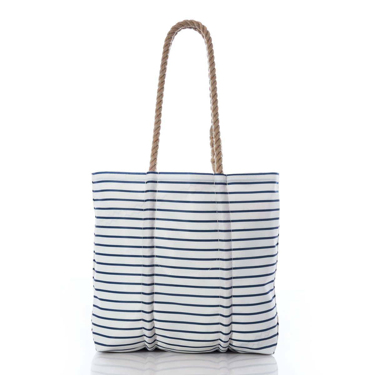 a recycled sail cloth tote with hemp rope handles is printed with navy and white stripes
