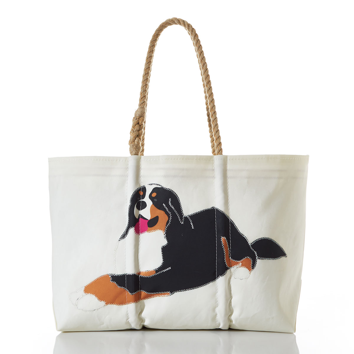 Bernese mountain dog printed on white recycled sail cloth tote with hemp rope handles