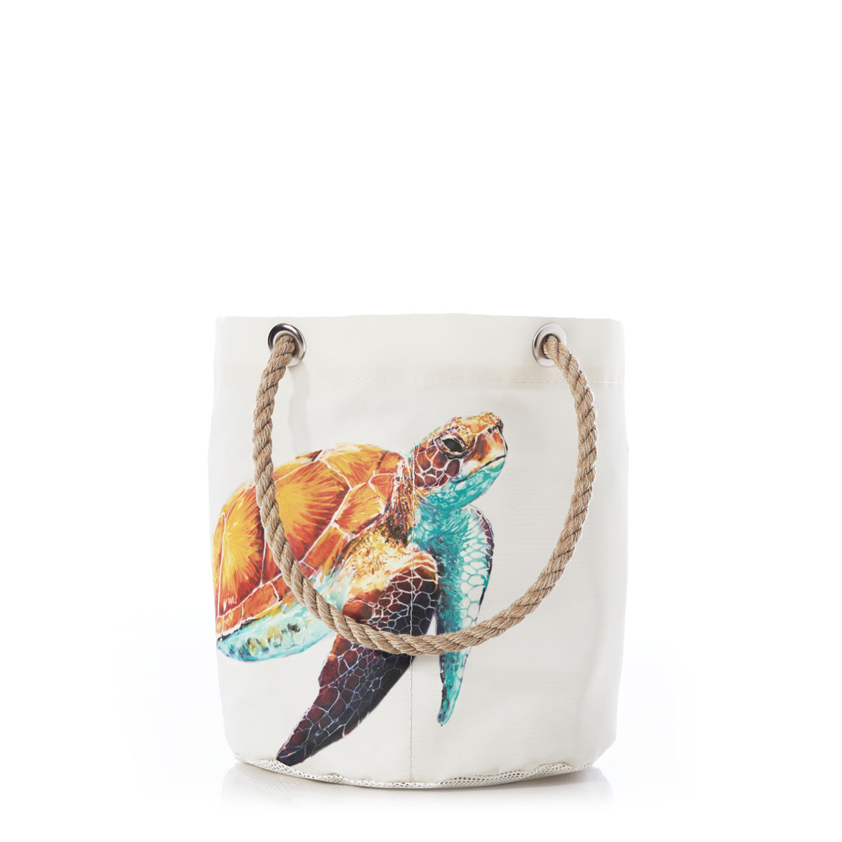 a bright friendly multicolor sea turtle is printed on a white recycled sail cloth beachcomber bucket bag with hemp rope handles