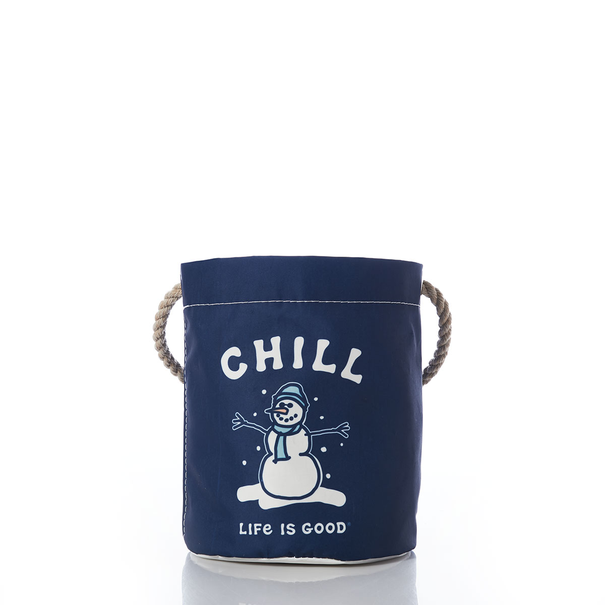 a navy blue recycled sail cloth bucket bag with a hemp handle is printed with the word chill and a snowman and the words life is good