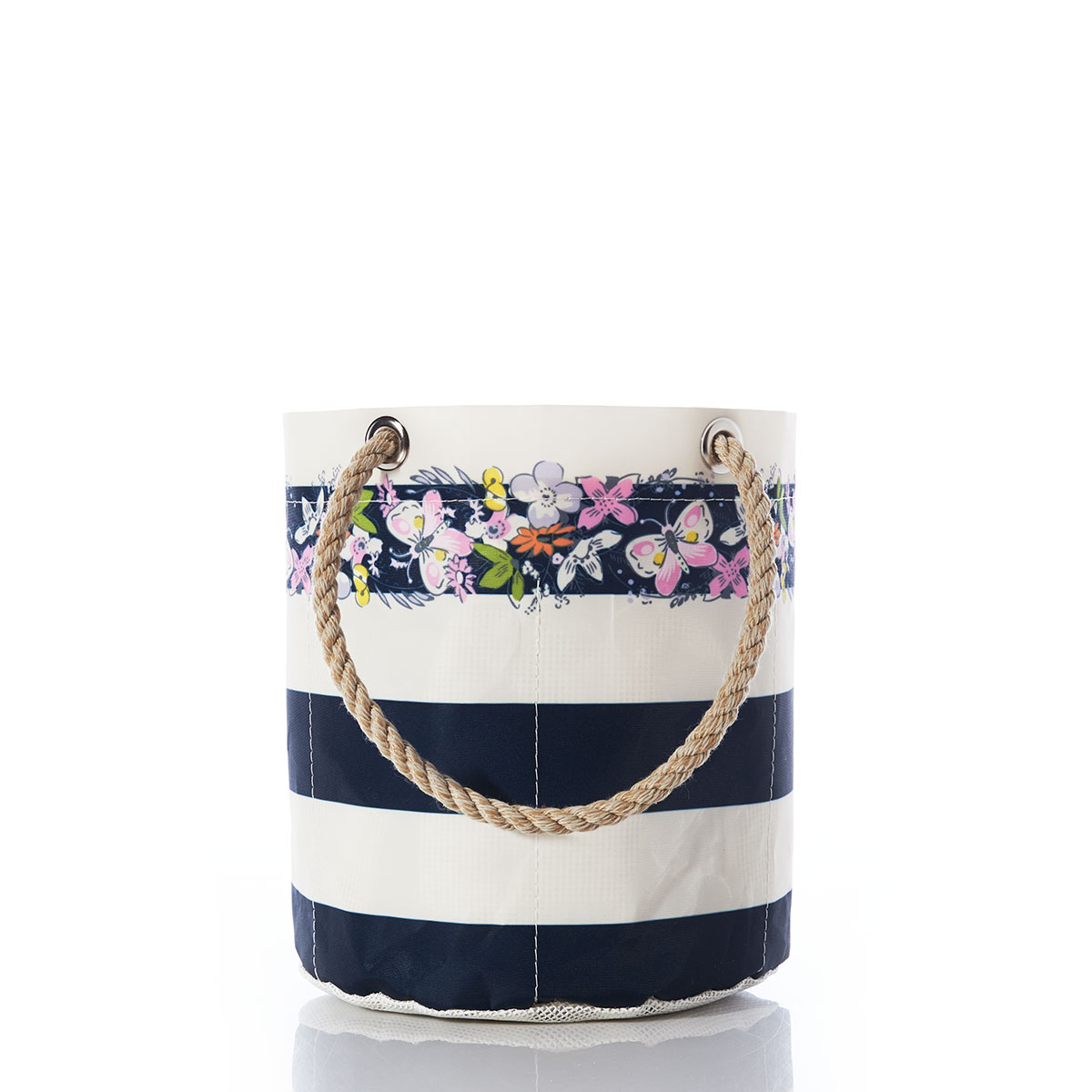 bold navy and white striped recycled sail cloth beverage bucket with hemp rope handles embellished with flowers around the top