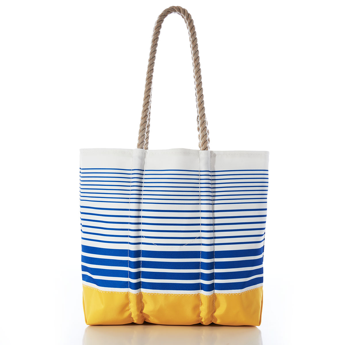 back view of a recycled sail cloth medium tote with hemp rope handles and blue and white stripes and yellow bottom