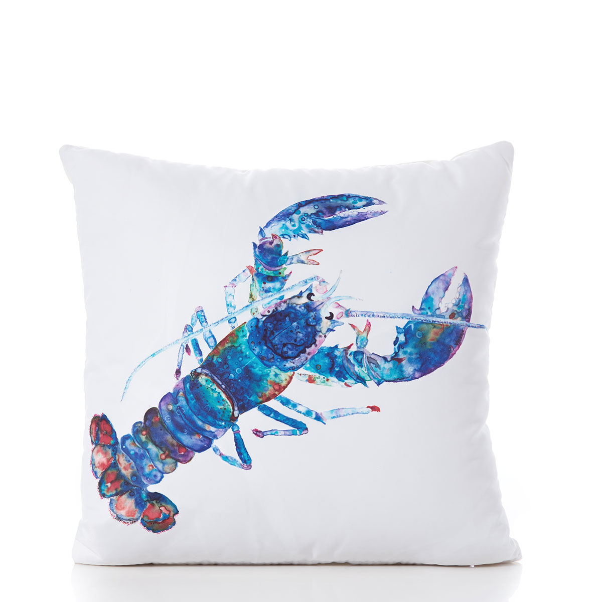 a multicolor lobster is printed on white recycled sail cloth pillow