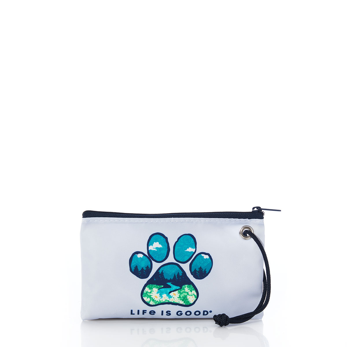 a lavender recycled sail cloth wristlet is printed with a paw print filled with an outdoor landscape of a river with daisies and a blue sky, and Life is Good written underneath