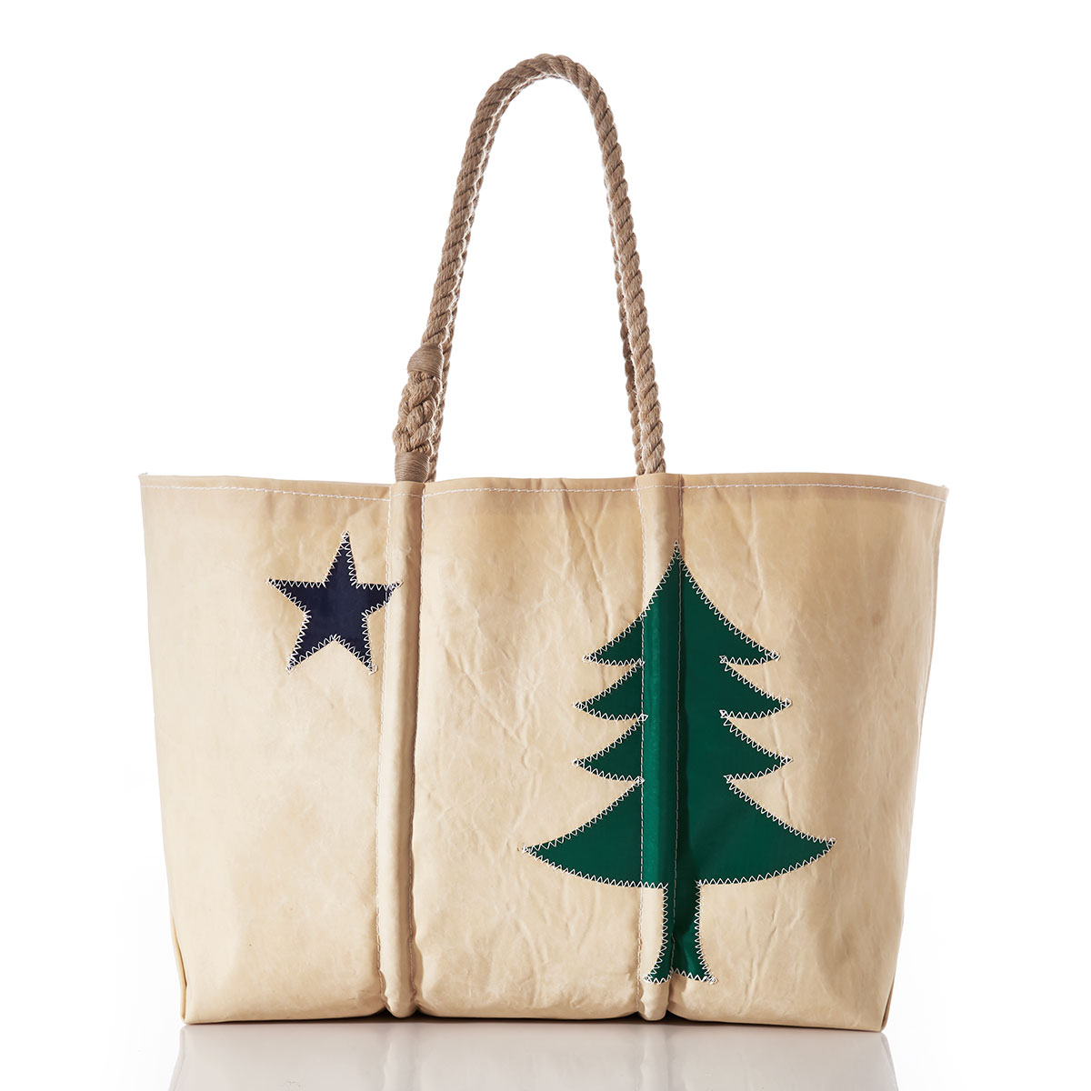 recycled sail cloth tote featuring a navy star and green pine tree from Maine's original state flag, with hemp rope handles