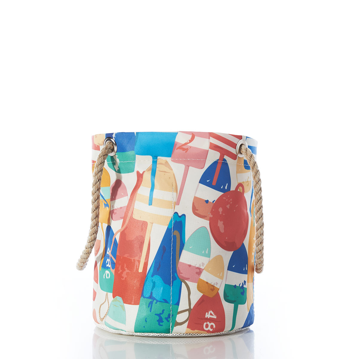 back view of an assortment of colorful buoys line the outside of a recycled sail cloth beachcomber bucket with hemp rope handles