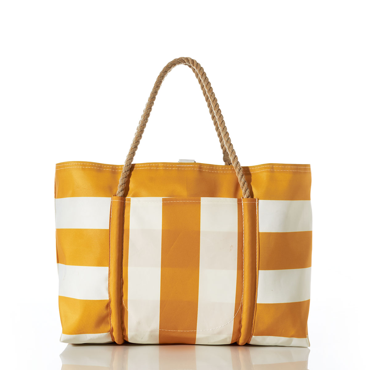 back view: yellow and white plaid stripes adorn the front of a recycled sail cloth tote with hemp rope handles and a top metal clasp