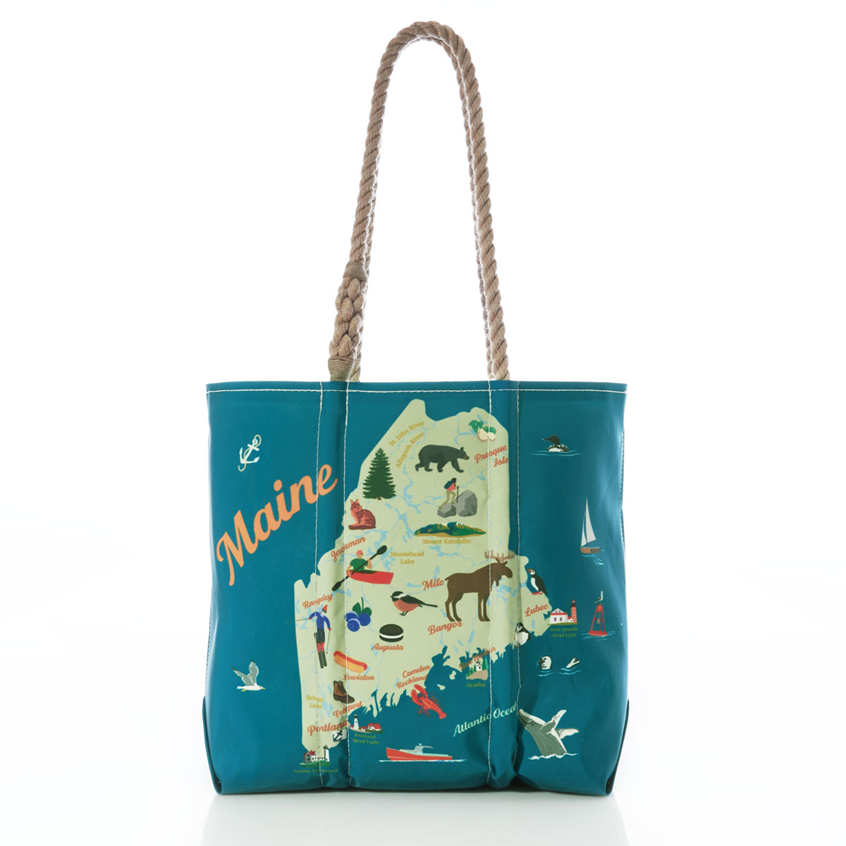 a green state of Maine is printed on a blue recycled sail cloth tote with hemp handles and is filled with icons depicting unique landmarks
