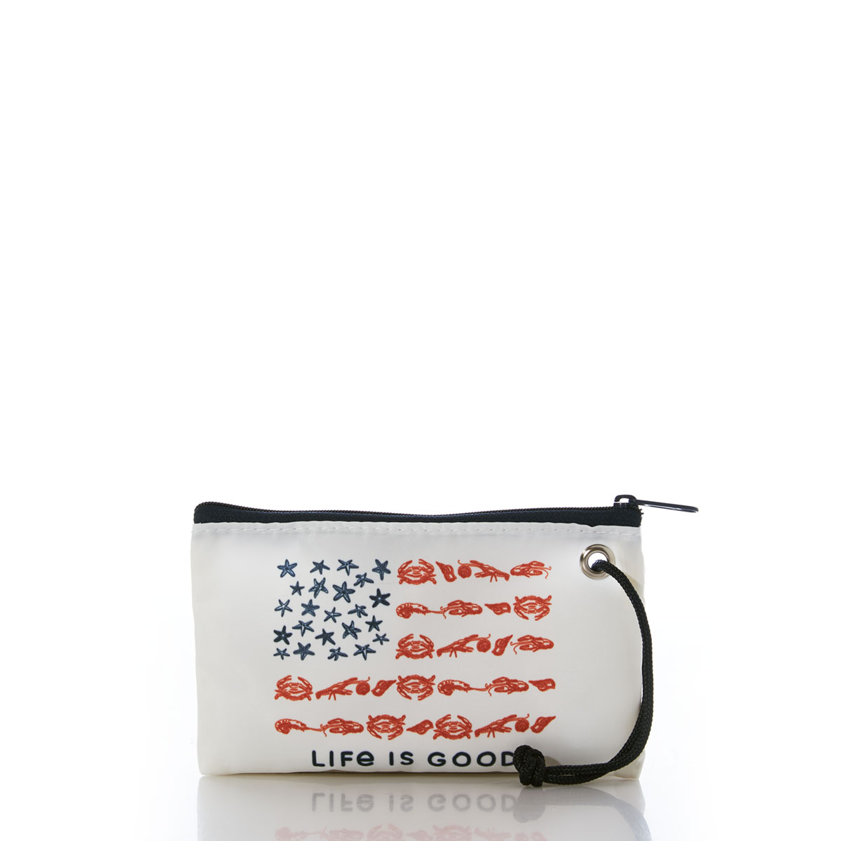 a white recycled sail cloth wristlet with navy zipper is printed with blue and red crustaceans in the shape of the American flag