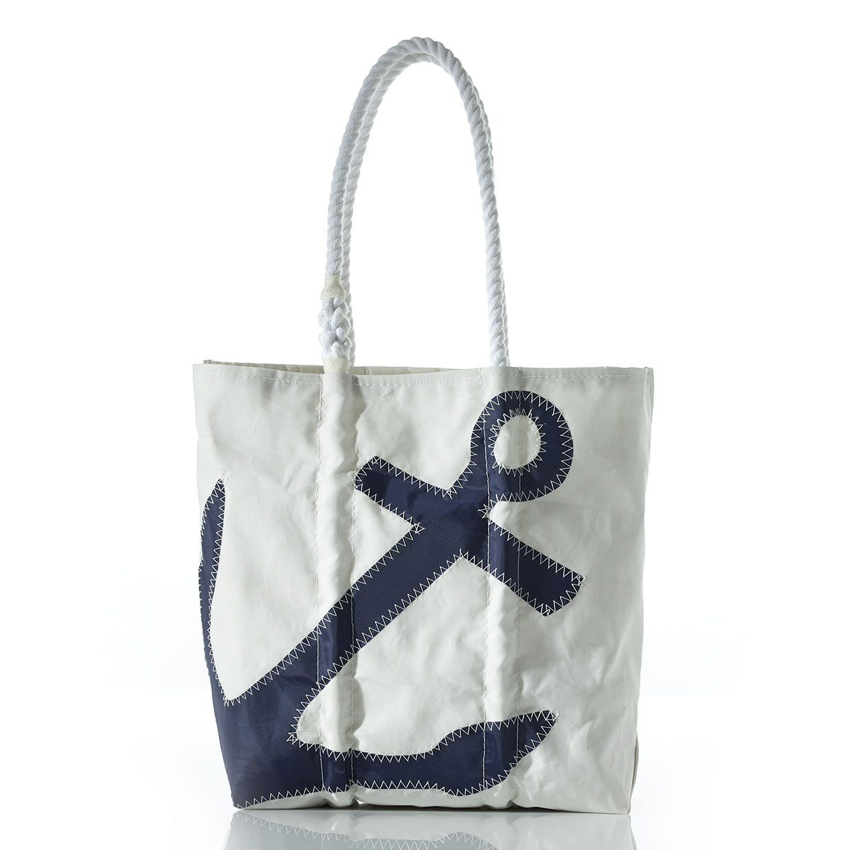 navy anchor applique on a white recycled sail cloth with rope handles