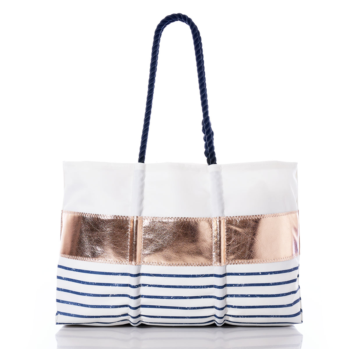 Custom Monogram Rose Gold-on-Navy Mariner Stripe Large Tote